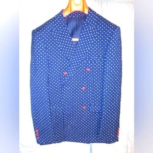 Men's snazzy suit jacket blue with white dots brown leather buttons sz 34s